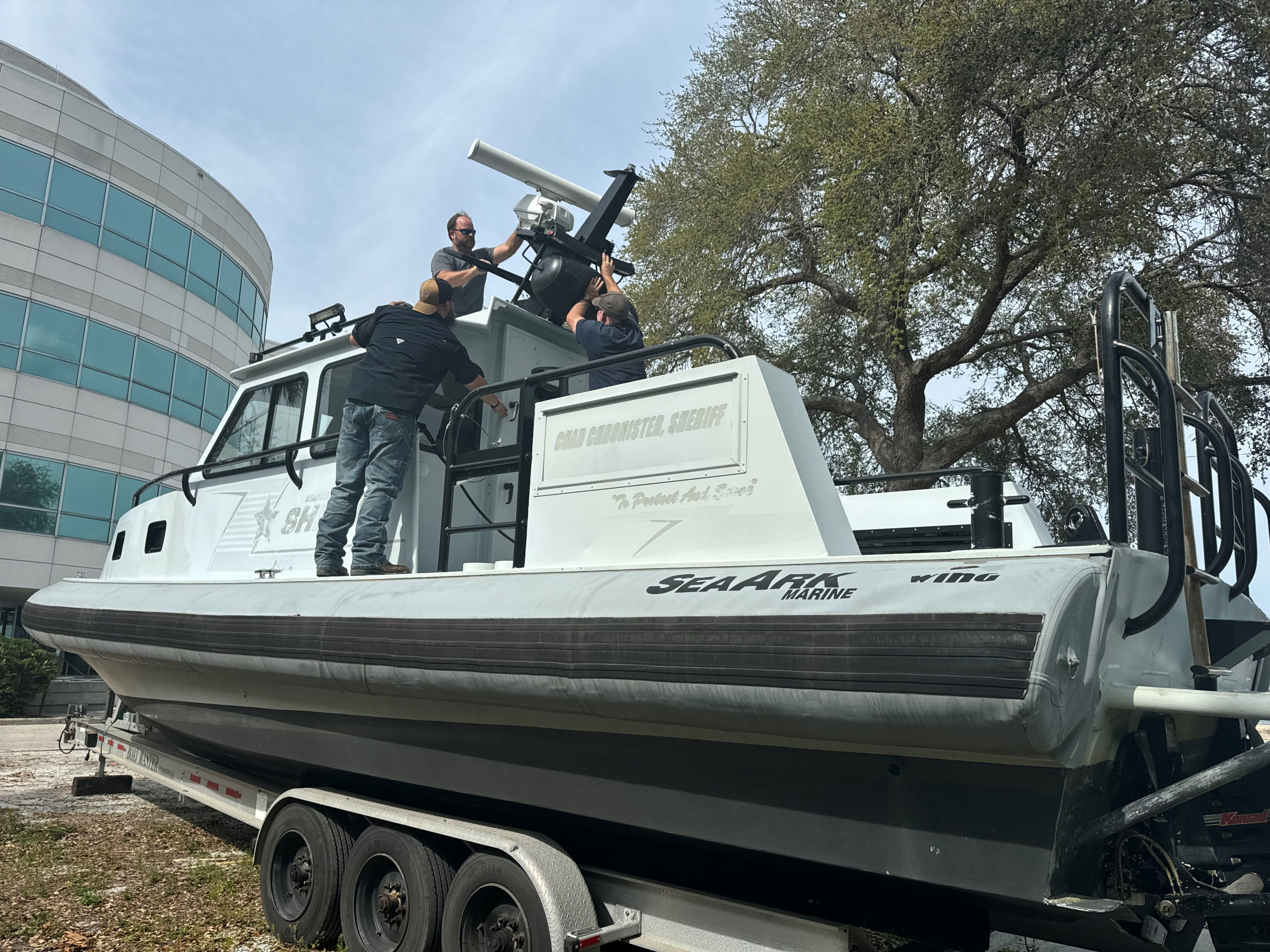 Photo of our donated research vessel - a 34' SeaArk Dauntless